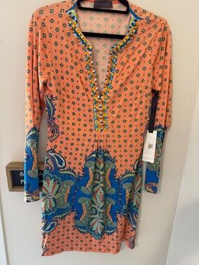 Hale Bob Coral and Blue Paisley Long Sleeve Tunic Dress